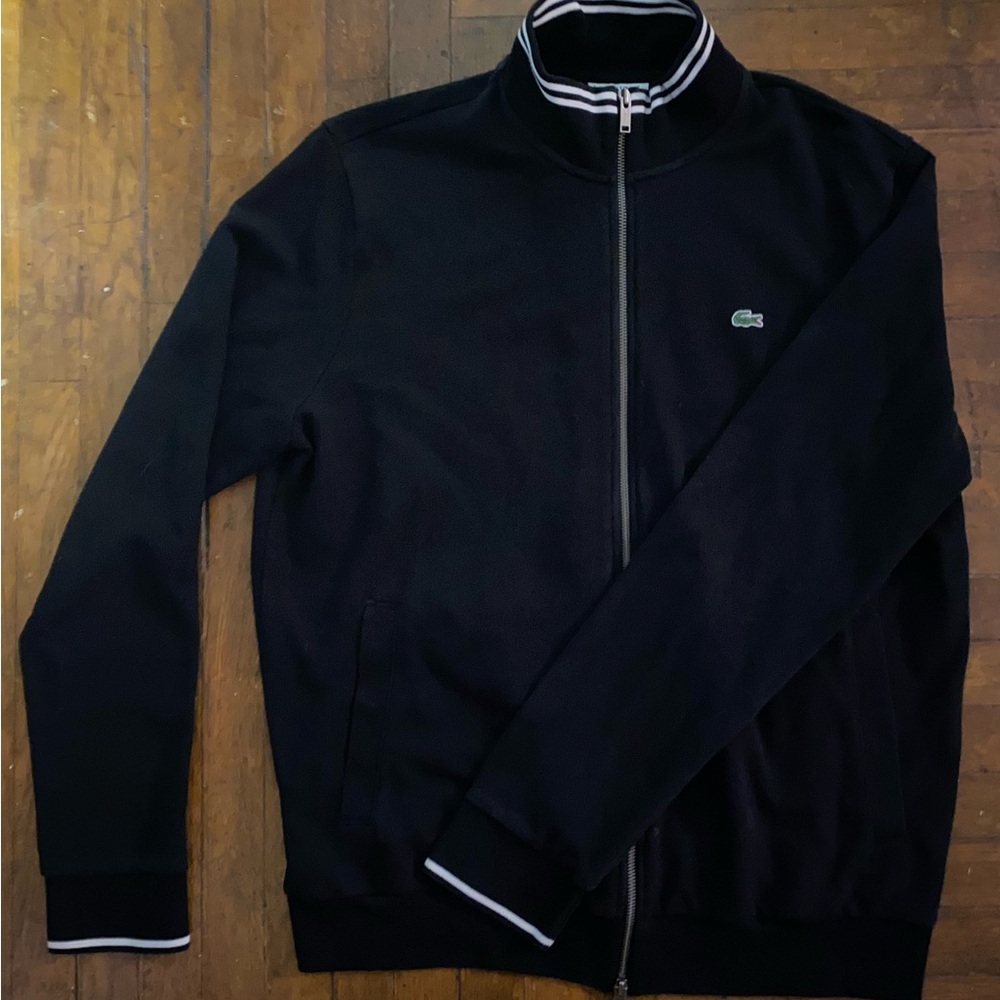 LACOSTE Fleece Full Zip Mens Black & White Embroidered 2XL XXL Jacket